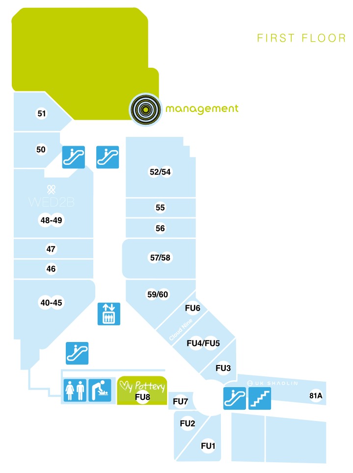 Map of the first floor of Marlands Shopping Centre, showing our location at unit FU2.